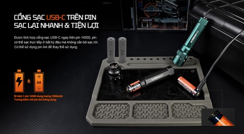 Đèn pin Acebeam K1 – Đèn pin EDC nhỏ gọn, 3 nguồn sáng Trắng/Laser xanh/UV sáng 1000lm, 223m, UV 365nm, sạc USB-C