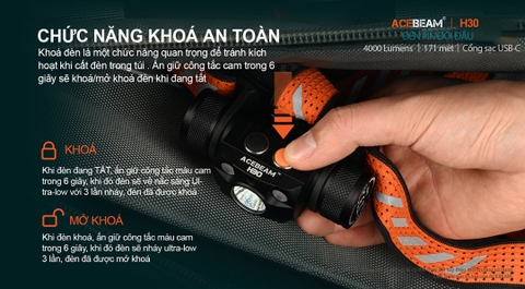Đèn pin đội đầu ACEBEAM H30 độ sáng 4000 lumen sáng Trắng, 2 Led phụ sáng Đỏ, Xanh Lá, kèm pin 21700 5000mAh, cổng sạc USB-C Powerbank