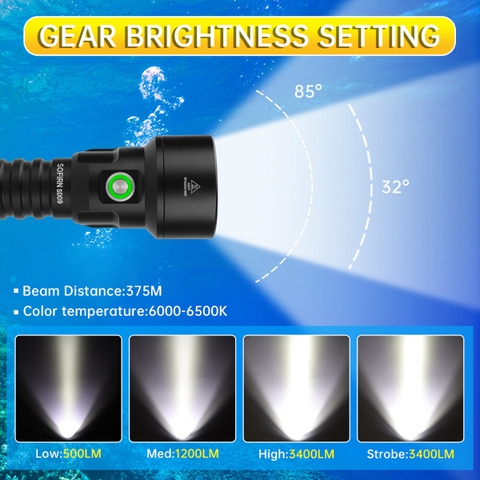 Đèn lặn SOFIRN SD09 sáng 3400 lumen chiếu xa 375m pin 21700 (pin sạc kèm theo)