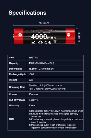 Pin sạc KLARUS 18650 18GT-40 dung lượng 4000mAh
