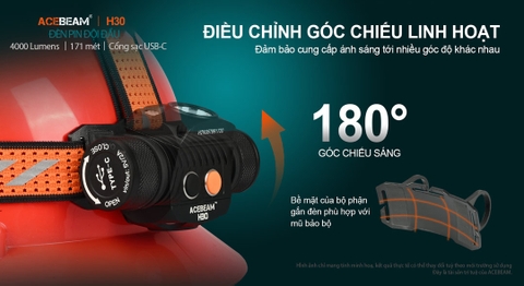 Đèn pin đội đầu ACEBEAM H30 độ sáng 4000 lumen sáng Trắng, 2 Led phụ sáng Đỏ, Xanh Lá, kèm pin 21700 5000mAh, cổng sạc USB-C Powerbank