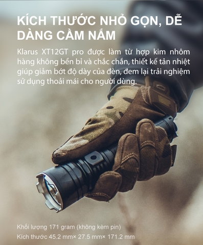 Đèn pin phản ứng nhanh KLARUS XT12GT Pro sáng 1600 lumen chiếu xa 850m kèm pin 21700 5000mAh sạc USB-C
