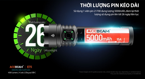 Đèn pin ACEBEAM E75 độ sáng 4500 lumen chiếu xa 260m pin 21700 5000mAh cổng sạc USB-C