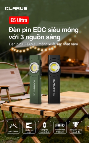 KLARUS E5 Ultra – Đèn pin EDC siêu mỏng 800 lm, xa 120m 3 nguồn sáng, sạc USB-C
