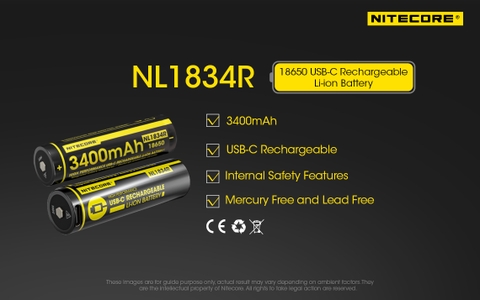 Pin sạc 18650 NITECORE NL1834R – 3400mAh, USB-C tích hợp mạch bảo vệ an toàn
