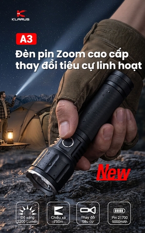 Đèn pin Zoom Klarus A3 V1 2200 lumen chiếu xa 750m, điều chỉnh tiêu cự xa & gần, sạc USB-C