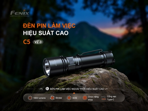 Đèn pin Fenix C5 V2.0  – Độ sáng 2000 lumen, chiếu xa 480m, sạc USB-C đuôi nam châm