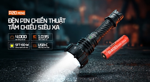 ACEBEAM P20 Mini - Đèn pin chiếu xa 4000 lumen chiếu xa 1035m, pin 21700 6400mAh, sạc USB-C