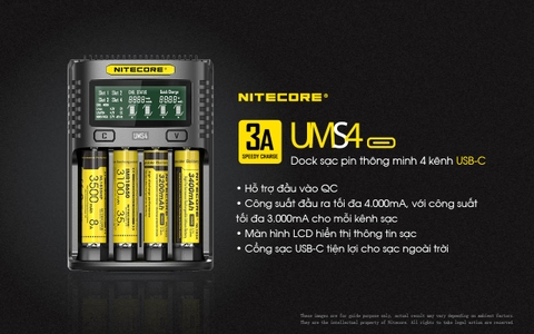 Sạc pin 4 slot thông minh NITECORE UMS4 đầu vào USB-C