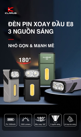 Đèn pin mini Klarus E8 sáng 1000lm – Xoay Đầu 180° đế nam châm
