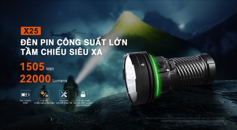 Đèn pin ACEBEAM X25 – Siêu sáng 23000 lumen, chiếu xa 1553m, sạc nhanh 60W, pin khủng