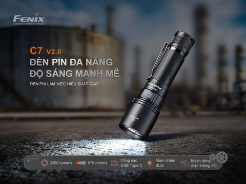 Đèn pin chiếu xa Fenix C7 V2.0 – Sáng 3300 lumen, chiếu xa 575m, pin 21700 sạc USB-C nam châm đuôi