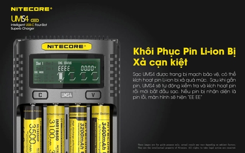 Sạc pin 4 slot thông minh NITECORE UMS4 đầu vào USB-C