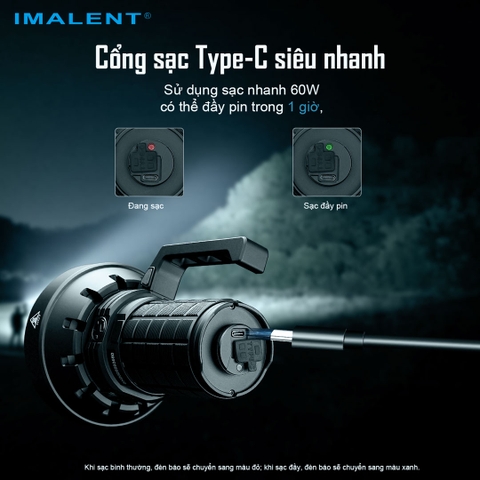 Đèn pin siêu sáng IMALENT SR16 sáng 55.000 lumen chiếu xa 1715m pack 4 pin 21700 tổng 16.000mAh sạc DC