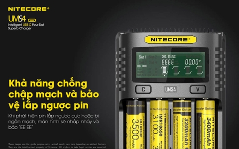 Sạc pin 4 slot thông minh NITECORE UMS4 đầu vào USB-C