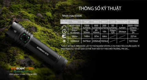 Đèn pin ACEBEAM E75 độ sáng 4500 lumen chiếu xa 260m pin 21700 5000mAh cổng sạc USB-C