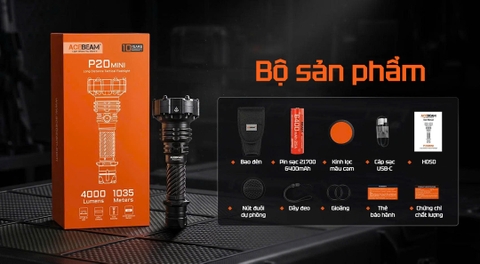 ACEBEAM P20 Mini - Đèn pin chiếu xa 4000 lumen chiếu xa 1035m, pin 21700 6400mAh, sạc USB-C