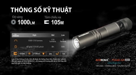 Đèn pin ACEBEAM POKELIT AA độ sáng 550lm chiếu xa 86m pin 14500 độ hoàn màu cao
