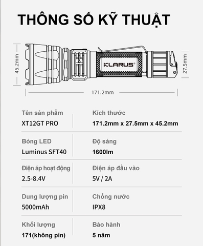 Đèn pin phản ứng nhanh KLARUS XT12GT Pro sáng 1600 lumen chiếu xa 850m kèm pin 21700 5000mAh sạc USB-C