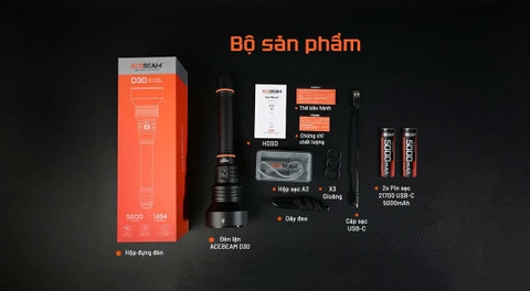 Đèn pin lặn ACEBEAM D30 – Sáng 5600 Lumens, chiếu xa 1454m, lặn sâu tối đa 100m