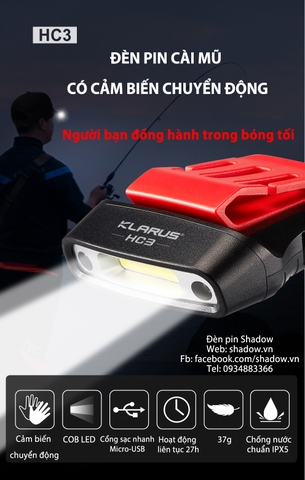 Đèn pin đội đầu KLARUS HC3 LED COB độ sáng 100 lumen chiếu xa 15m (pin liền)