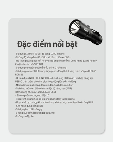 Đèn pin mini NITECORE MT1C PRO sáng 1000lm chiếu xa 360m pin 18350 1600mAh
