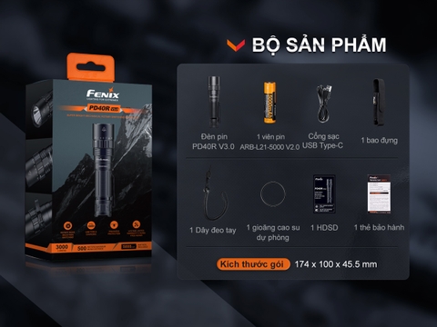 Đèn pin FENIX PD40R V3.0 sáng 3000lm chiếu xa 500m sạc USB-C pin 21700 5000mAh
