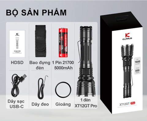 Đèn pin phản ứng nhanh KLARUS XT12GT Pro sáng 1600 lumen chiếu xa 850m kèm pin 21700 5000mAh sạc USB-C