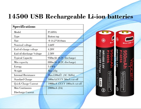 Pin sạc VAPCELL 14500 dung lượng 950mAh cổng sạc USB - P1409A