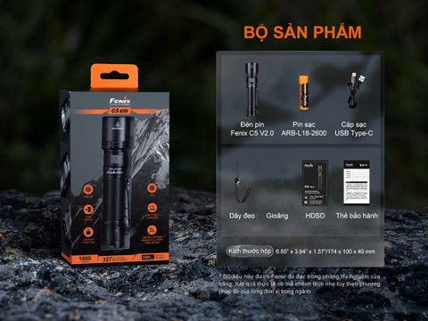 Đèn pin Fenix C5 V2.0  – Độ sáng 2000 lumen, chiếu xa 480m, sạc USB-C đuôi nam châm