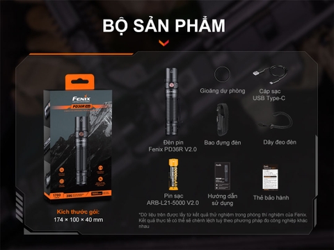 Đèn pin FENIX PD36R V2.0 độ sáng 1700lm chiếu xa 396m sạc USB C pin 21700 5000mAh kèm theo