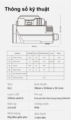 Đèn pin đặc chủng KLARUS GL2 sáng 1000 lumen tích hợp laser xanh lá pin 400mAh
