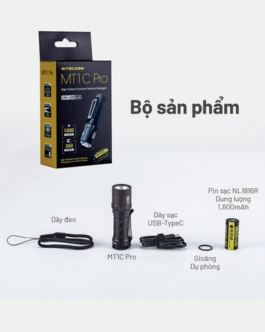 Đèn pin mini NITECORE MT1C PRO sáng 1000lm chiếu xa 360m pin 18350 1600mAh