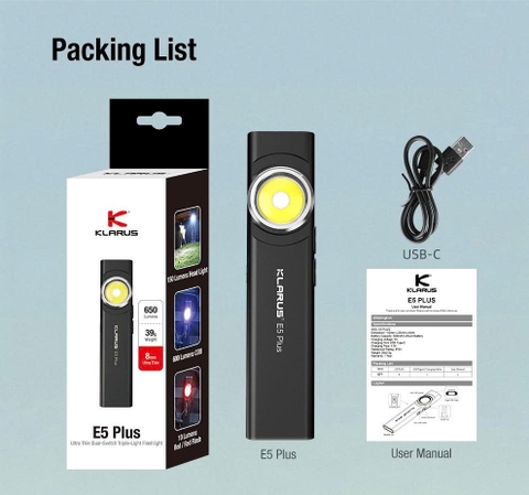 KLARUS E5 PLUS – Đèn pin EDC siêu mỏng 650lm, sạc Type-C, siêu nhẹ 39g