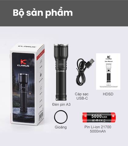 Đèn pin Zoom Klarus A3 V1 2200 lumen chiếu xa 750m, điều chỉnh tiêu cự xa & gần, sạc USB-C