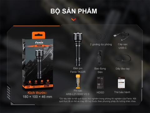 Đèn pin chiến thuật FENIX TK22R sáng 3200 lumen chiếu xa 480m pin sạc 21700 USB-C công tắc xoay chiến thuật