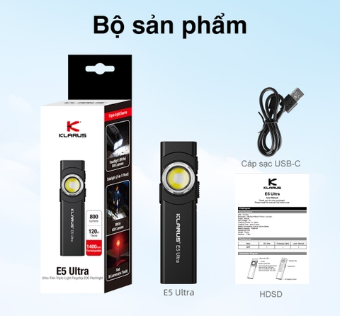 KLARUS E5 Ultra – Đèn pin EDC siêu mỏng 800 lm, xa 120m 3 nguồn sáng, sạc USB-C