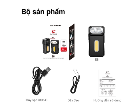 Đèn pin mini Klarus E8 sáng 1000lm – Xoay Đầu 180° đế nam châm