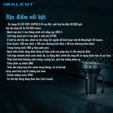 Đèn pin siêu sáng IMALENT SR16 sáng 55.000 lumen chiếu xa 1715m pack 4 pin 21700 tổng 16.000mAh sạc DC