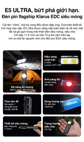 KLARUS E5 Ultra – Đèn pin EDC siêu mỏng 800 lm, xa 120m 3 nguồn sáng, sạc USB-C