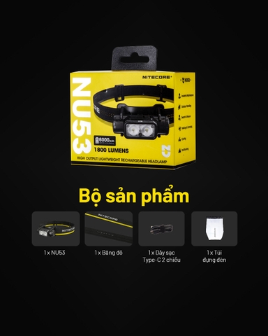 Đèn pin đội đầu NITECORE NU53 sáng 1800 lumens chiếu xa 175m pin 21700 6000mAh sạc nhanh USB-C