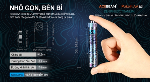 Đèn pin mini ACEBEAM POKELIT AA Titanium sáng 500 lumen chiếu xa 80m
