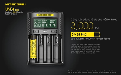 Sạc pin 4 slot thông minh NITECORE UMS4 đầu vào USB-C