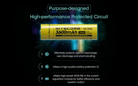 Pin sạc 18650 Nitecore NL1836 – 3600mAh, Tích hợp mạch bảo vệ,
