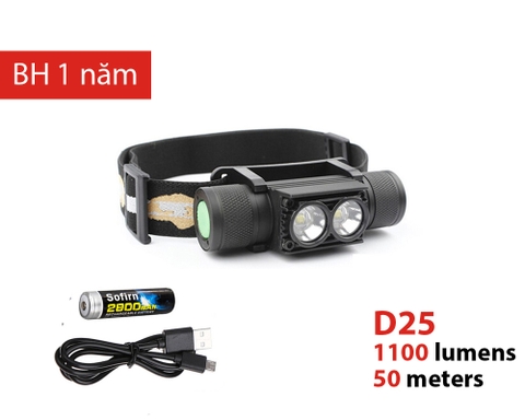 Đèn pin đội đầu SOFIRN D25S (H25S) độ sáng 1200 lumen chiếu xa 50m cổng sạc USB pin 18650 kèm theo