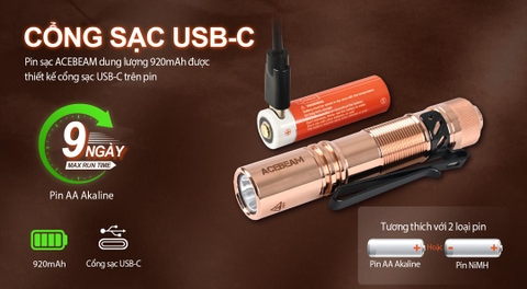 Đèn pin ACEBEAM POKELIT AA độ sáng 550lm chiếu xa 86m pin 14500 độ hoàn màu cao
