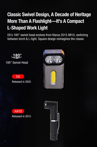 Đèn pin mini Klarus E8 sáng 1000lm – Xoay Đầu 180° đế nam châm