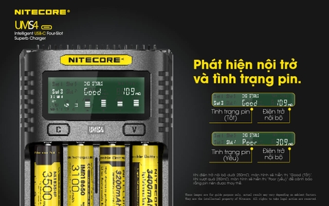 Sạc pin 4 slot thông minh NITECORE UMS4 đầu vào USB-C