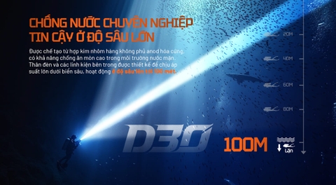 Đèn pin lặn ACEBEAM D30 – Sáng 5600 Lumens, chiếu xa 1454m, lặn sâu tối đa 100m