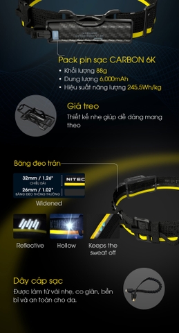 Pin sạc mở rộng NITECORE Carbon 6K 6000mAH dành cho đèn đeo đầu NITECORE